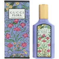 Gucci Flora Gorgeous Magnolia Eau De Parfum 50ml, purple bottle, floral design, gold cap, matching floral box.