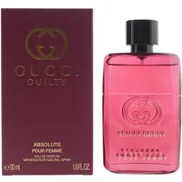Gucci Guilty Absolute Pour Femme 50ml, pink glass bottle with black cap, next to matching burgundy box.