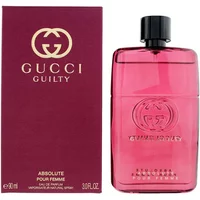 Gucci Guilty Absolute Pour Femme Eau De Parfum 90ml, pink bottle with black cap, embossed logo, matching box.