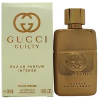 Gold Gucci Guilty Intense Eau De Parfum 30ml bottle with matching box, featuring iconic Gucci logo.