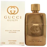 Gold Gucci Guilty Intense Eau De Parfum 50ml bottle with embossed logo and matching gold cap, next to branded box.