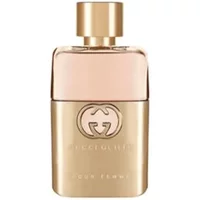 Gold Gucci Guilty Pour Femme Eau De Parfum 30ml bottle with embossed logo and pink tinted glass top.