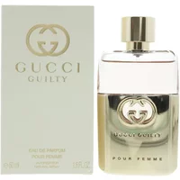 Gucci Guilty Pour Femme Eau De Parfum 50ml, gold cap, clear bottle with logo, next to matching branded box.