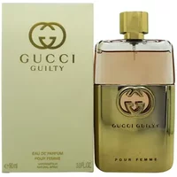 Gold Gucci Guilty Pour Femme Eau De Parfum 90ml bottle with logo and matching gold box.