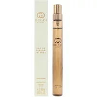 Gold Gucci Guilty Pour Femme Eau De Parfum Intense 10ml bottle with matching box, sleek and cylindrical design.