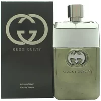 Gucci Guilty Pour Homme Eau De Toilette 90ml, silver bottle with logo, next to black box with silver branding.