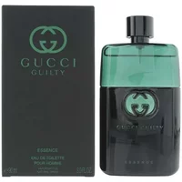 Gucci Guilty Pour Homme Essence 90ml, black and green bottle with iconic logo, next to matching black box.