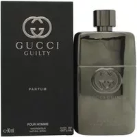 Gucci Guilty Pour Homme Parfum 150ml, sleek dark gray bottle with embossed logo, matching box.