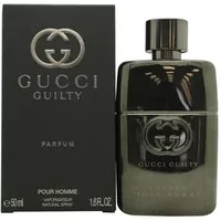 Gucci Guilty Pour Homme Parfum 50ml, sleek black bottle with silver logo, next to matching black box.