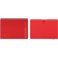 Red rectangular Gucci Rush Eau de Toilette Spray bottle, minimalist design with white text, 50ml size.