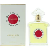 GUERLAIN Chamade Eau De Toilette 75ml, clear bottle with gold cap, red label, next to matching white box.