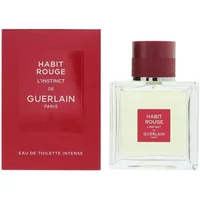 Guerlain Habit Rouge L'Instinct Eau De Toilette Intense 50ml with red cap and box, clear square bottle.