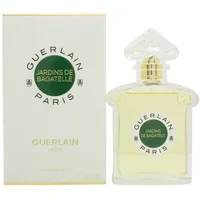 Guerlain Jardins De Bagatelle Eau De Toilette 75ml, clear bottle with gold cap, green label, next to matching box.