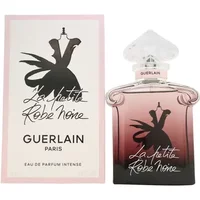 Guerlain La Petite Robe Noire Intense 75ml perfume, gradient blue bottle, iconic dress silhouette, clear ornate cap.