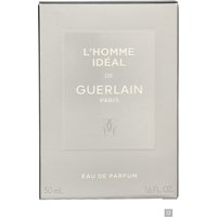 Guerlain L'Homme Ideal Eau de Parfum 50ml, sleek gray rectangular bottle with embossed silver text and black cap.
