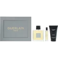 Guerlain L'homme Ideal gift set with square cologne bottle, travel spray, and black shower gel tube in gray box.