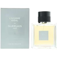 Guerlain L'Homme Ideal Eau De Toilette 50ml, clear square bottle with black cap, gray box with white text.