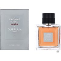 Guerlain L'Homme Ideal Extreme Eau de Parfum 50ml, clear square bottle, black cap, orange label, gray box.
