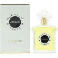 Guerlain Mitsouko Eau De Toilette 75ml, clear bottle with gold cap, black label, next to white box with black text.