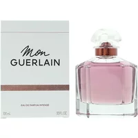 Guerlain Mon Guerlain Eau De Parfum Intense 100ml, pink liquid in faceted glass bottle with clear cap, box beside.