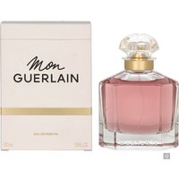 Guerlain Mon Guerlain Eau de Parfum 100ml, clear glass bottle with pink liquid, gold accents, and matching box.