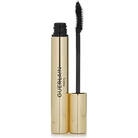 Gold Guerlain mascara tube with black text, featuring a curved brush for intense volume and curl in shade 01 Black.
