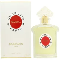 Guerlain Samsara Eau De Parfum 75ml, clear glass bottle with red label, gold cap, and matching white box with red accents.