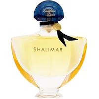Shalimar Eau De Toilette 50ml by Guerlain, in a curved glass bottle with a blue cap and gold accents.