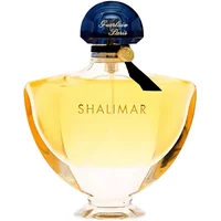 Shalimar Eau De Toilette 90ml by Guerlain, gold liquid in a clear, fan-shaped bottle with a blue cap and black ribbon.