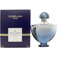 Guerlain Shalimar Souffle Eau de Parfum 90ml, blue gradient bottle with round cap, next to navy box.