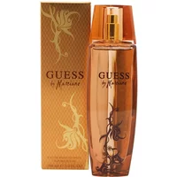 Amber Guess By Marciano Eau De Parfum 100ml bottle with gold cap and floral design, next to matching box.