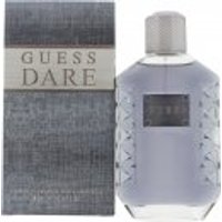 Guess Dare for Men Eau de Toilette 100ml, clear faceted bottle with silver cap, next to textured gray box.