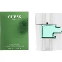 Guess Man Eau De Toilette 75ml, silver bottle with green glass detail, next to green box with white text.