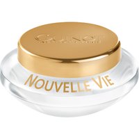 Clear glass jar with gold lid, labeled "Nouvelle Vie" in gold text, containing Guinot Crème Nouvelle Vie 50ml.