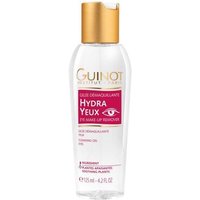 Clear bottle of Guinot Gelée Démaquillante Hydra Yeux with gold cap and pink label, 125ml eye makeup remover.