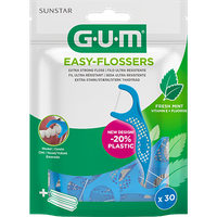 GUM Easy-Flossers with fluoride, vitamin E, mint, 30 pieces in a green and white resealable package.