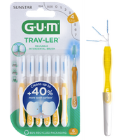GUM TravLer interdental brushes, yellow handle, white bristles, 1.3 mm size, pack of 6 in eco-friendly packaging.
