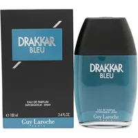 Drakkar Bleu Eau De Parfum 100ml by Guy Laroche, blue bottle with black cap, next to matching black and blue box.