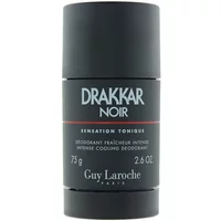 Black Drakkar Noir deodorant stick by Guy Laroche, 75g, with red and white text on a sleek cylindrical container.