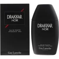 Drakkar Noir Eau De Toilette 200ml by Guy Laroche, sleek black bottle with white text, next to matching black box.
