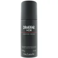 Black cylindrical Drakkar Noir deodorant can with white text and red accent, 150ml by Guy Laroche.