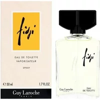 Fidji Eau De Toilette by Guy Laroche, 50ml bottle with black cap, yellow label, and matching box.