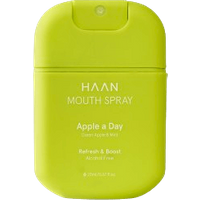 Bright green HAAN Apple a Day mouth spray, compact 20 ml bottle with white text and rounded edges.