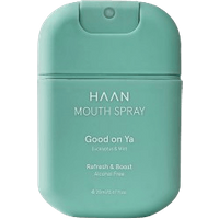Teal HAAN Good on Ya Mouth Wash 20 ml bottle with rounded cap and white text detailing eucalyptus and mint flavor.