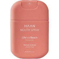 Peach-colored HAAN Life's a Beach mouth spray, 20 ml, compact design with rounded edges and flip-top cap.