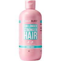 Pink Hairburst conditioner bottle with turquoise label, "For Longer Stronger Hair," 350 ml, avocado and coconut formula.