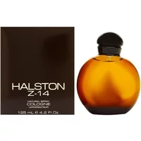 Amber round Halston Z 14 cologne bottle with black cap, next to black box with white text.