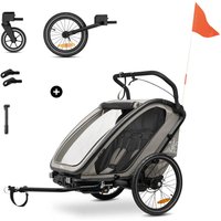 Light grey Hauck Bike N Walk Duo stroller with two wheels, clear canopy, black handlebar, and orange safety flag.