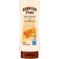 Hawaiian Tropic Satin Protection Sunscreen SPF 15, 180ml bottle, beige with orange hibiscus flower design.