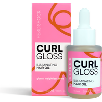 Head Shock Curl Gloss hair oil, 30 ml bottle with dropper, pink and orange packaging with bold text.